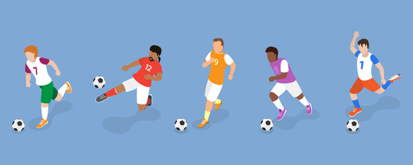 3D Isometric Flat Vector Set of Soccer Players, Diverse Football Characters