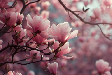 Ethereal view of delicate pink magnolia flowers in full bloom, against a dreamy backdrop