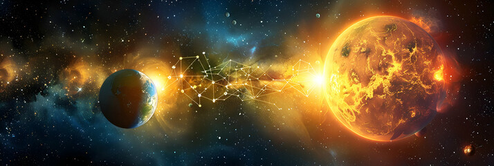 Obraz premium Futuristic solar planet with a network of interstellar communication arrays, enabling instant contact with distant star systems 