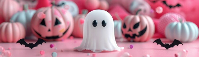 Ghost and pumpkins on pink background. Halloween decoration.