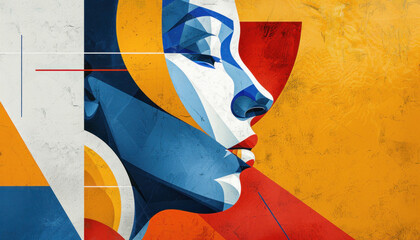 A vibrant portrait of a beautiful woman with colorful features on a yellow background