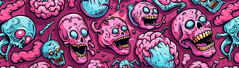 Seamless pattern of creepy skulls and brains.