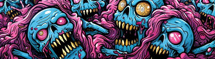 A digital illustration of several blue skulls with pink and purple accents.