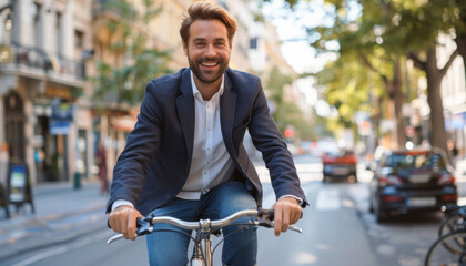 Fototapeta premium In the city, a gentleman dressed in formal attire is happily bicycling on the street