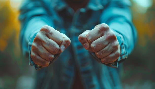 Close-up of a person clenching fists in front, expressing determination and strength with a blurred background, wearing a denim jacket.