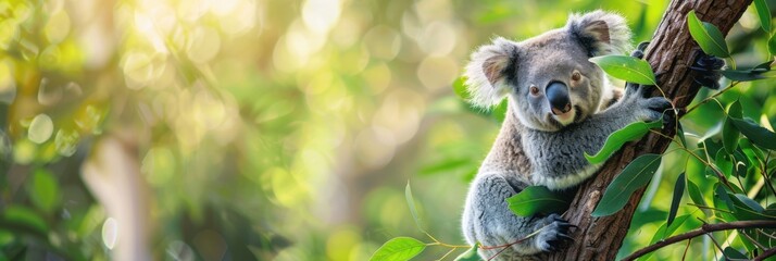 Fototapeta premium Save the koala day. Horizontal banner. Cute koala sits on a eucalyptus tree, green background. Concept of wildlife protection, environmental conservation. International Wild Koala Day. Copy space