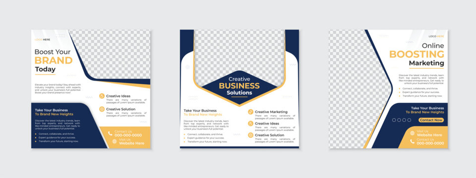 Business ad social media post design bundle, creative set of digital marketing agency square web banner promotion, corporate live webinar event invitation template, editable vector layout