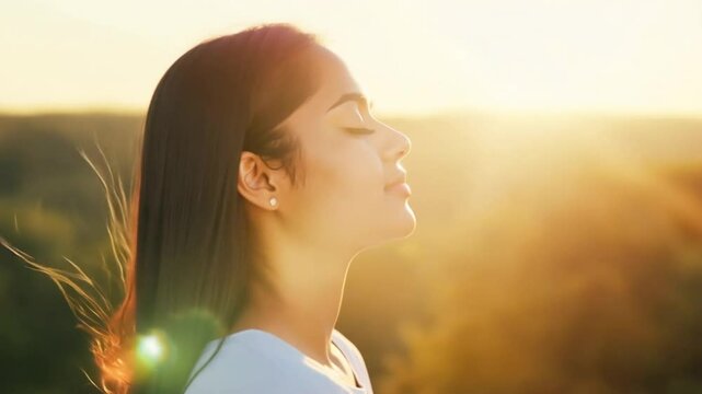 Young woman with long hair enjoying sun with closed eyes getting natural vitamin D outdoors. Peace of mind. Mindfulness, mental health, spirituality, well-being, unwind yourself 4k video