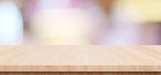Table and blur background, Wooden counter over blur bokeh light background, Brown wood table top, shelf for food and retail shop, store product display backdrop, banner, mockup, template