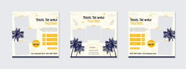 New creative travel social media post bundle set with editable vector illustration of beach trees, tour tourism holiday packages ads promotion square web banner business agency marketing template