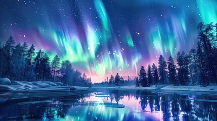 Obraz premium The mystical Northern Lights dancing over a snowy Finnish landscape, reflecting in a frozen lake