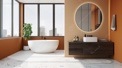 Modern bathroom interior with orange walls, wooden vanity stand near panoramic window overlooking buildings. White bathtub and round mirror on the wall. Minimalist design