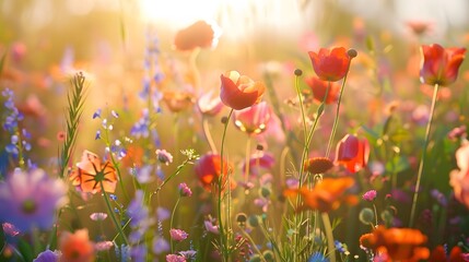 Vibrant wildflower meadow bathed in golden sunlight, offering a cheerful and lively backdrop. 