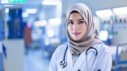 Beautiful young middle eastern doctor with hijab facing the camera in a hospital environment. She has a statoscope around her neck and a doctor's uniform.