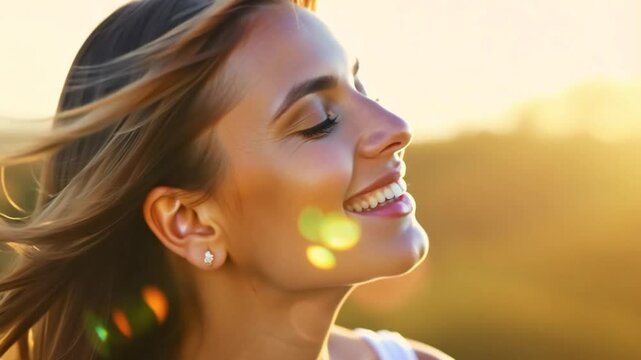 Young woman with long hair enjoying sun with closed eyes getting natural vitamin D outdoors. Peace of mind. Mindfulness, mental health, spirituality, well-being, unwind yourself 4k video