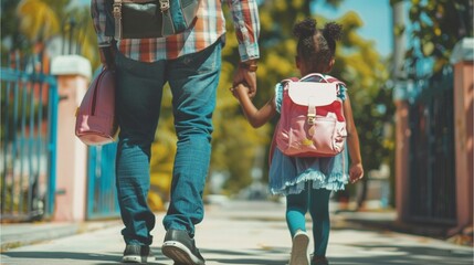 A father holds the hand of his little girl, leading her to school on her first day of first grade
