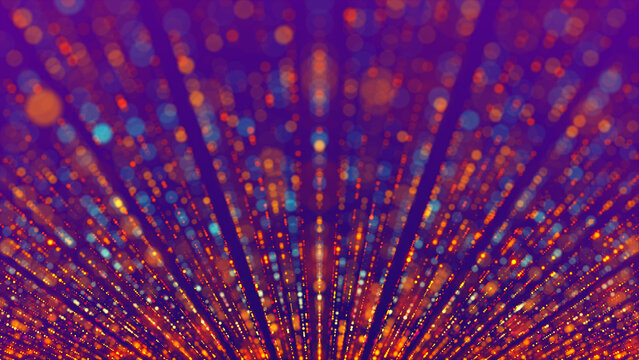 Magic background, shiny colored gold threads, strings. Abstract multi-colored rays on a blue background. Blurred lines of the web shimmer with colored lights on a gradient purple background.