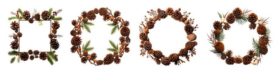 Fototapeta premium Set of pinecone frames/ wreaths. Seasonal natural material decor.