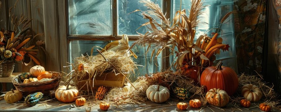 Cozy autumn harvest scene with pumpkins, dried cornstalks, and woven baskets by a rustic window background.
