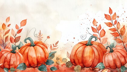Naklejka premium Watercolor background with pumpkins and colorful leaves, autumn harvest, cozy fall
