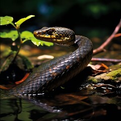 Obraz premium Northern Water Snake Coiled in the Shallow Water