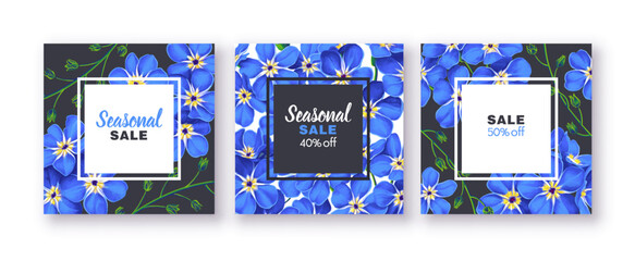 Spring sale banner with blue forget-me-not flowers. Can be used as greeting, invitation, design template, cover, party ad. Square card template. Realistic highly detailed plants in vector