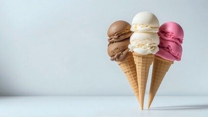 Three ice cream in classic cones with delicious chocolate, vanilla, and strawberry scoops, beautifully displayed on a clean white background with copy space, display for advertising, poster 