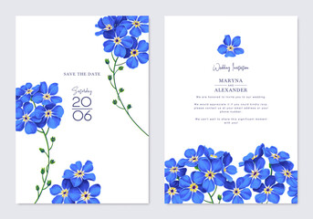 Spring, trendy, greeting or invitation card, template design with forget-me-not flowers in realistic style with high detail. Hand drawn, vector poster, card, cover, party, or social media template