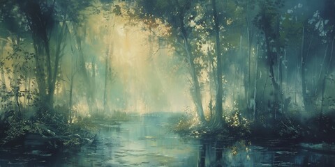 Naklejka premium An ethereal mist enveloping a mystical forest scene, evoking a sense of wonder and enchantment in abstract form