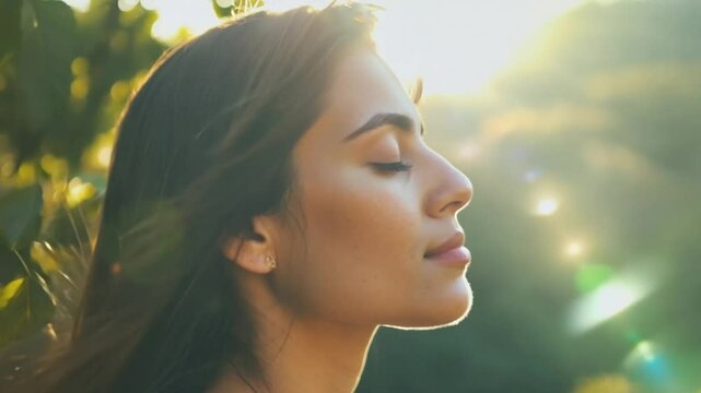 Young woman with long hair enjoying sun with closed eyes getting natural vitamin D outdoors. Peace of mind. Mindfulness, mental health, spirituality, well-being, unwind yourself 4k video
