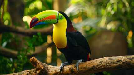 Naklejka premium Colorful keel-billed toucan perched on a branch in a lush tropical rainforest, vibrant plumage and distinctive beak, wildlife and nature photography