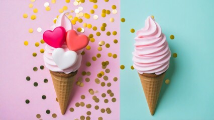 Two ice cream cones with pink soft serve and white frosting swirls, adorned with vibrant 3D hearts, deliciously tempting, on a pastel pink mint background with little gold round confetti, art style