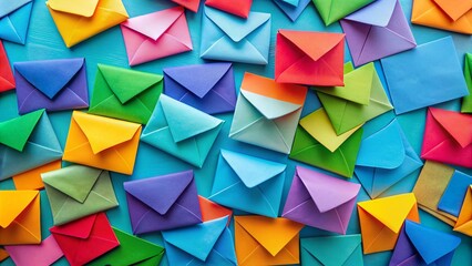 Vibrant colorful envelopes and letters scattered on a bright blue background with a subtle texture, symbolizing global connection and friendship on National Pen Pal Day.