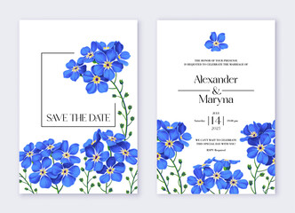 Floral wedding invitation card template design, blue forget-me-not flowers. Design with high detail, vector, realistic spring flowers. Save the Date and RSVP Collection. Template for social networks