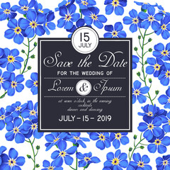 Fototapeta premium Floral wedding invitation design, blue forget-me-not flowers on a white background, square format. Floral frame with text composition, place for text, botanical template for your designs.
