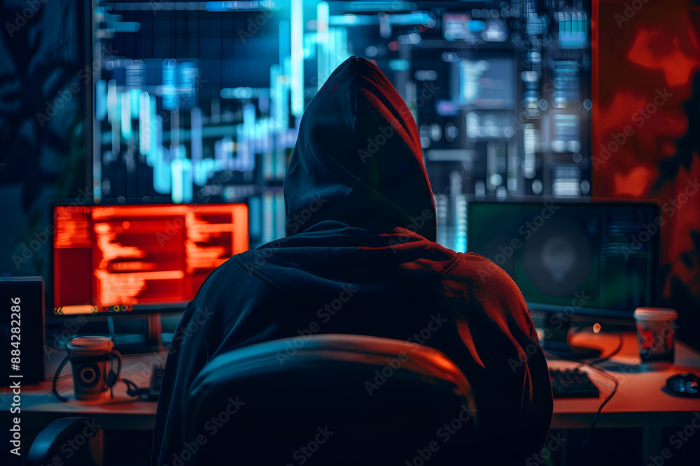 Poster top rear view of a computer hacker