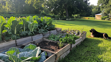 Lush vegetable garden with raised beds and dog lounging in sunny backyard