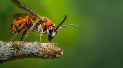 Naklejka premium Focus Photo of a Wasp on a Branch with Green Background