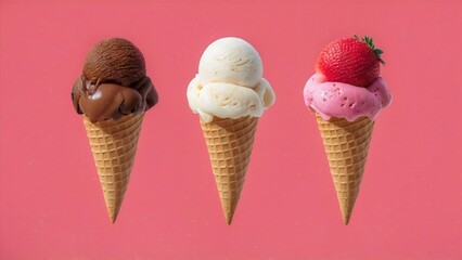 Three waffle cup cones filled with chocolate, vanilla, and strawberry ice cream scoops, topped with fresh strawberries, set on a light red background, copy space,conceptual art, poster, advertising