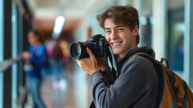 Teen photographer capturing school news: Smiling teenage boy with a camera in hand, taking photos for the school newspaper. Represents youth journalism, education, and student activities