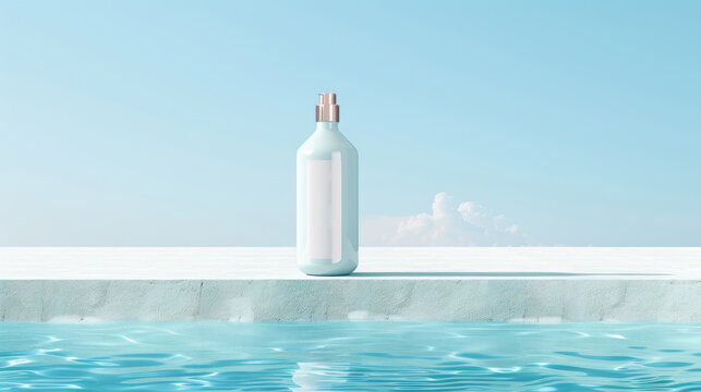product photo of one white bottle, standing upright on an empty poolside background. set against a clear summer sea backdrop