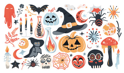 Set of isolated Halloween decoration elements in doodle hand-drawn graphic vector illustration on transparent background 9. Vivid red, orange and blue color tone.