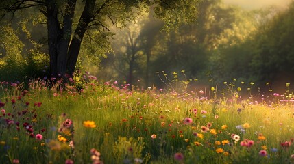 Fototapeta premium Vibrant wildflower meadow bathed in golden sunlight, offering a cheerful and lively backdrop. 