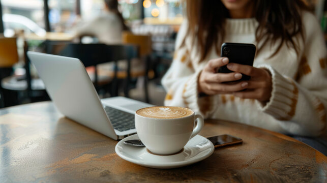 Young woman in cozy sweater working remotely on laptop and smartphone in a cafe, with a cappuccino on the table, focusing on her screen