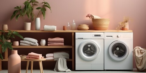 Laundry Room Interior Design with White Washing Machines and Wooden Shelves