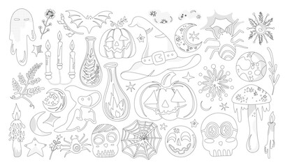Set of isolated Halloween decoration elements in doodle hand-drawn graphic vector illustration on transparent background 9. Black outline style for coloring book.