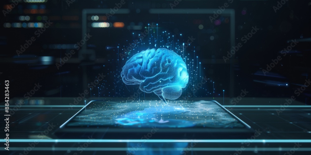 Aufkleber A digital tablet displaying a 3D hologram of a brain, representing the futuristic and tech-driven aspect of conceptual thinking