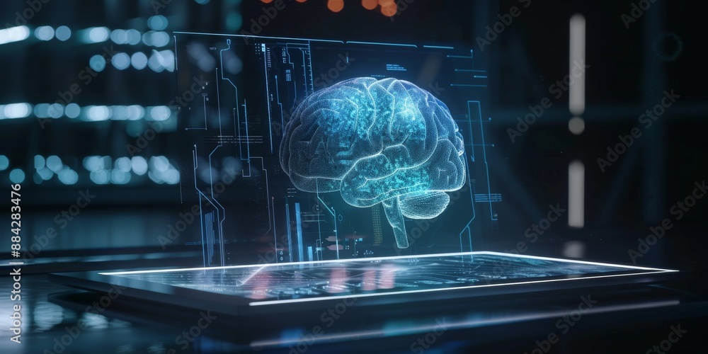 Aufkleber A digital tablet displaying a 3D hologram of a brain, representing the futuristic and tech-driven aspect of conceptual thinking
