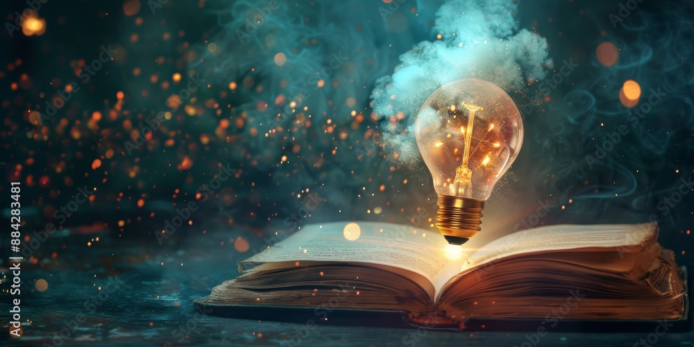 Poster a light bulb floating above an open book, symbolizing the birth of new ideas and creative thinking i
