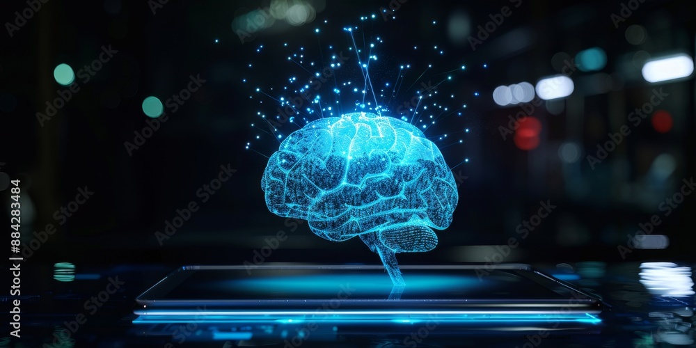 Aufkleber A digital tablet displaying a 3D hologram of a brain, representing the futuristic and tech-driven aspect of conceptual thinking